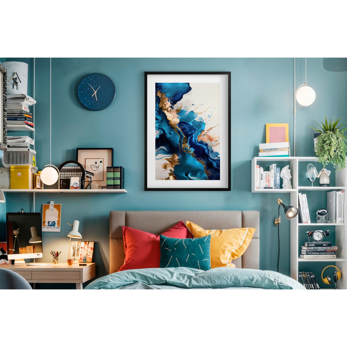 Nowoczesny Plakat Obraz Złoto Niebieska Abstrakcja na ścianę do sypialni
