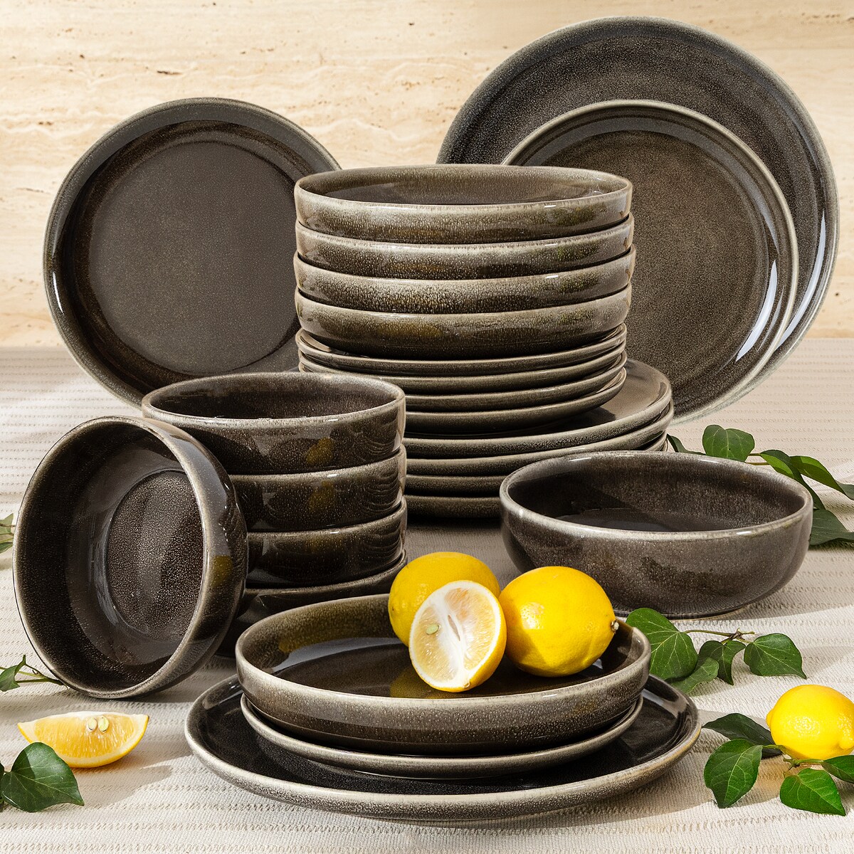 EDA Zestaw obiadowy 6 os. (24 el.), brązowy/szary/beżowy