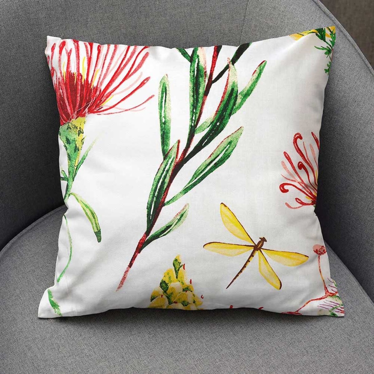 Poszewka dekoracyjna bawełniana 40x40 Sunny Bloom biała w kolorowe letnie kwiaty, Cottonlove, Darymex