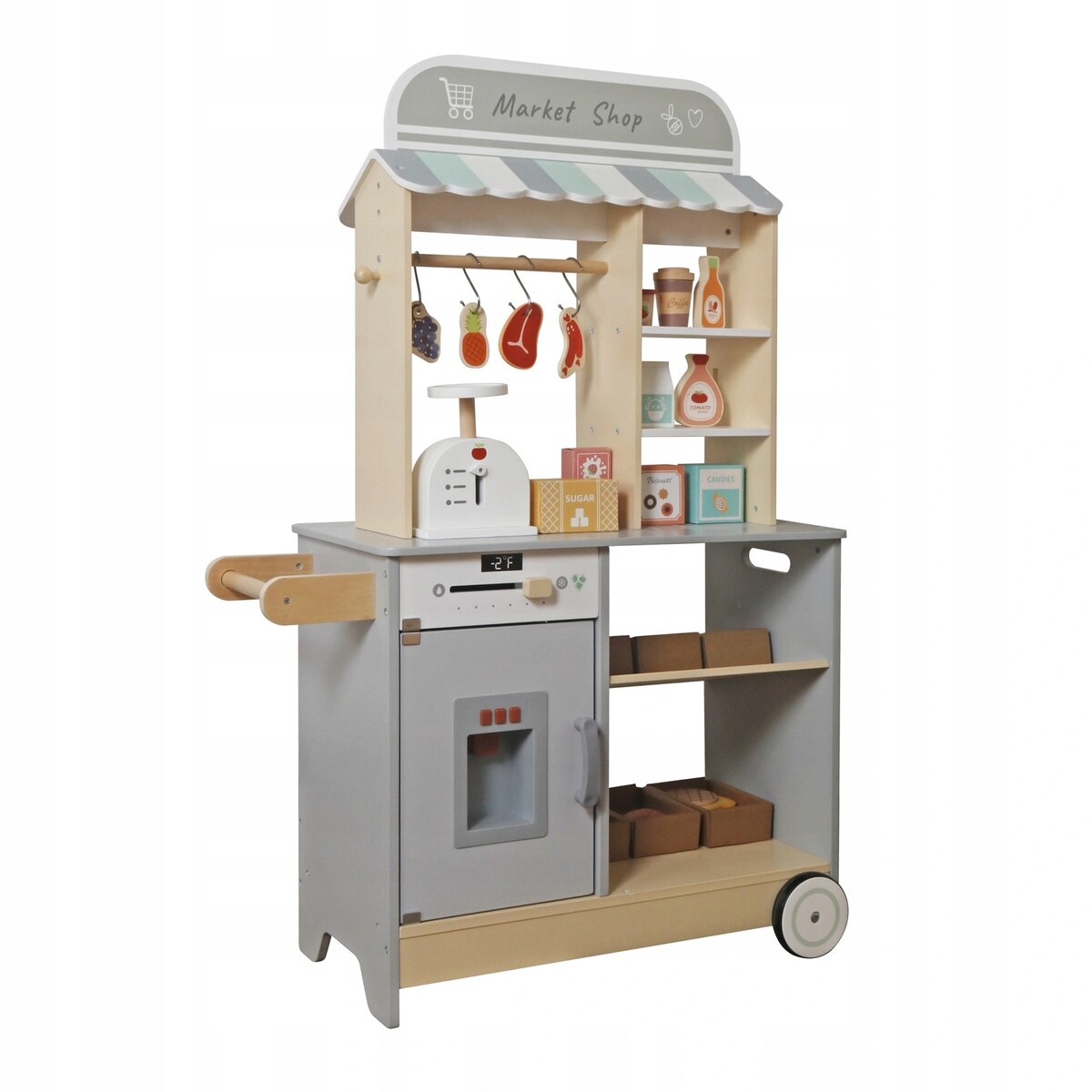 Duży drewniany sklep dla dzieci stragan z akcesoriami do zabawy - warzywniak supermarket XXL