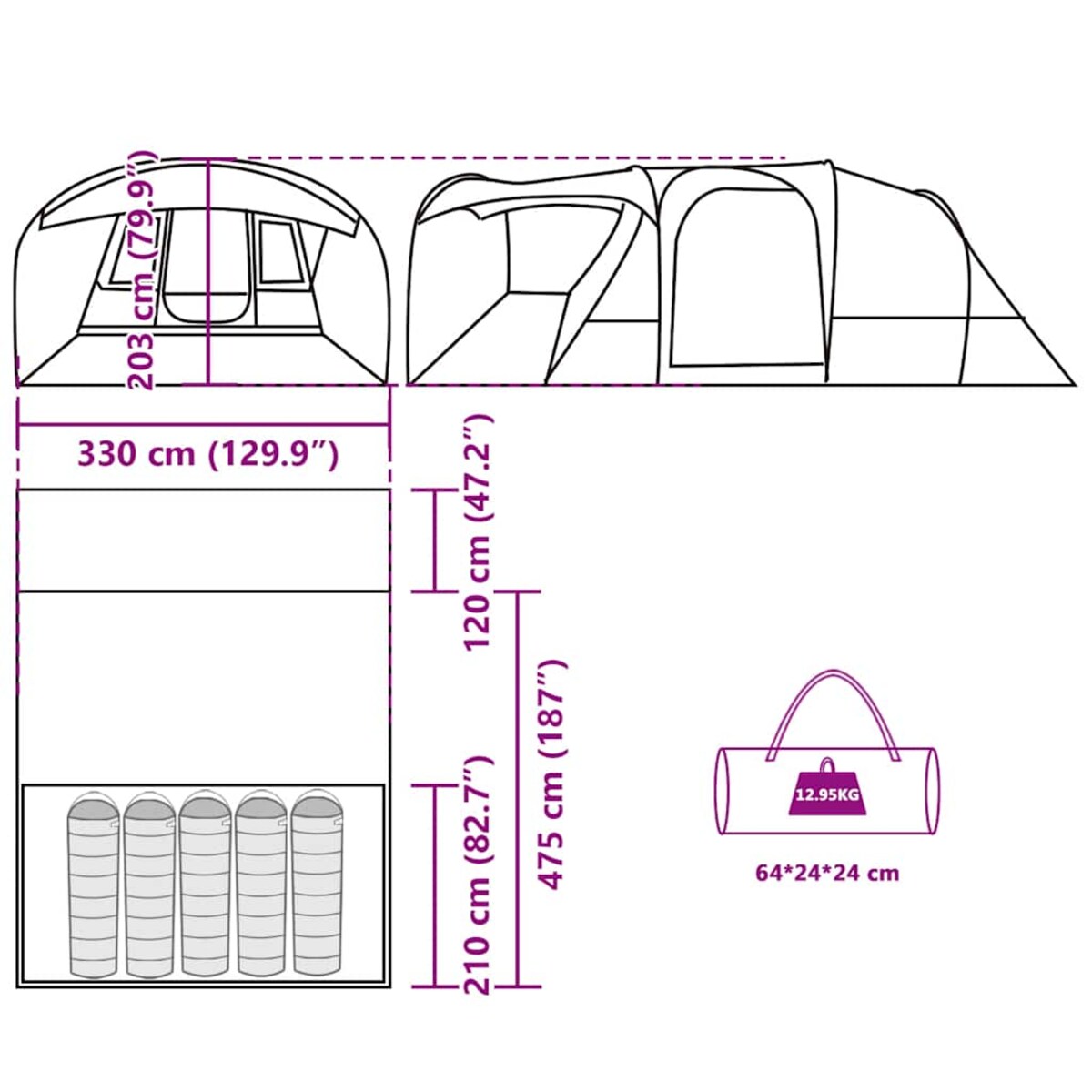 vidaXL Namiot turystyczny, 5-os., tunelowy, zielony, wodoszczelny