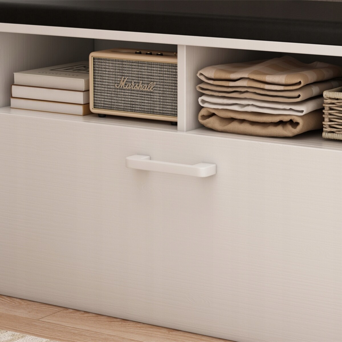 Szafka na buty z siedziskiem I schowkiem przedpokój 6 półek otwierana biała