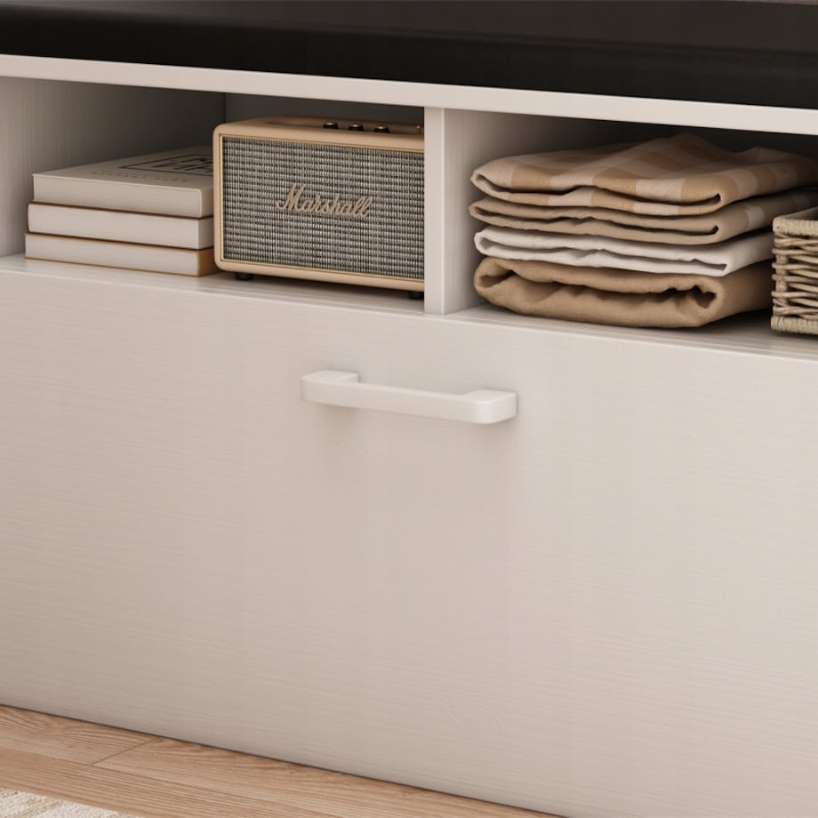 Szafka na buty z siedziskiem I schowkiem przedpokój 6 półek otwierana biała