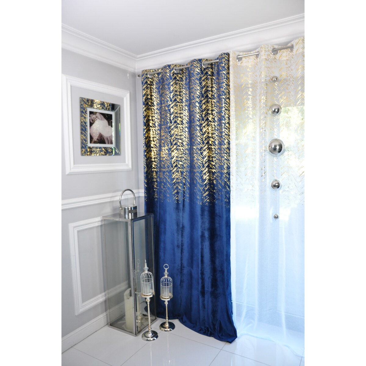 zasłona welurowa "velvet glow" złoty print 140x250 cm granat