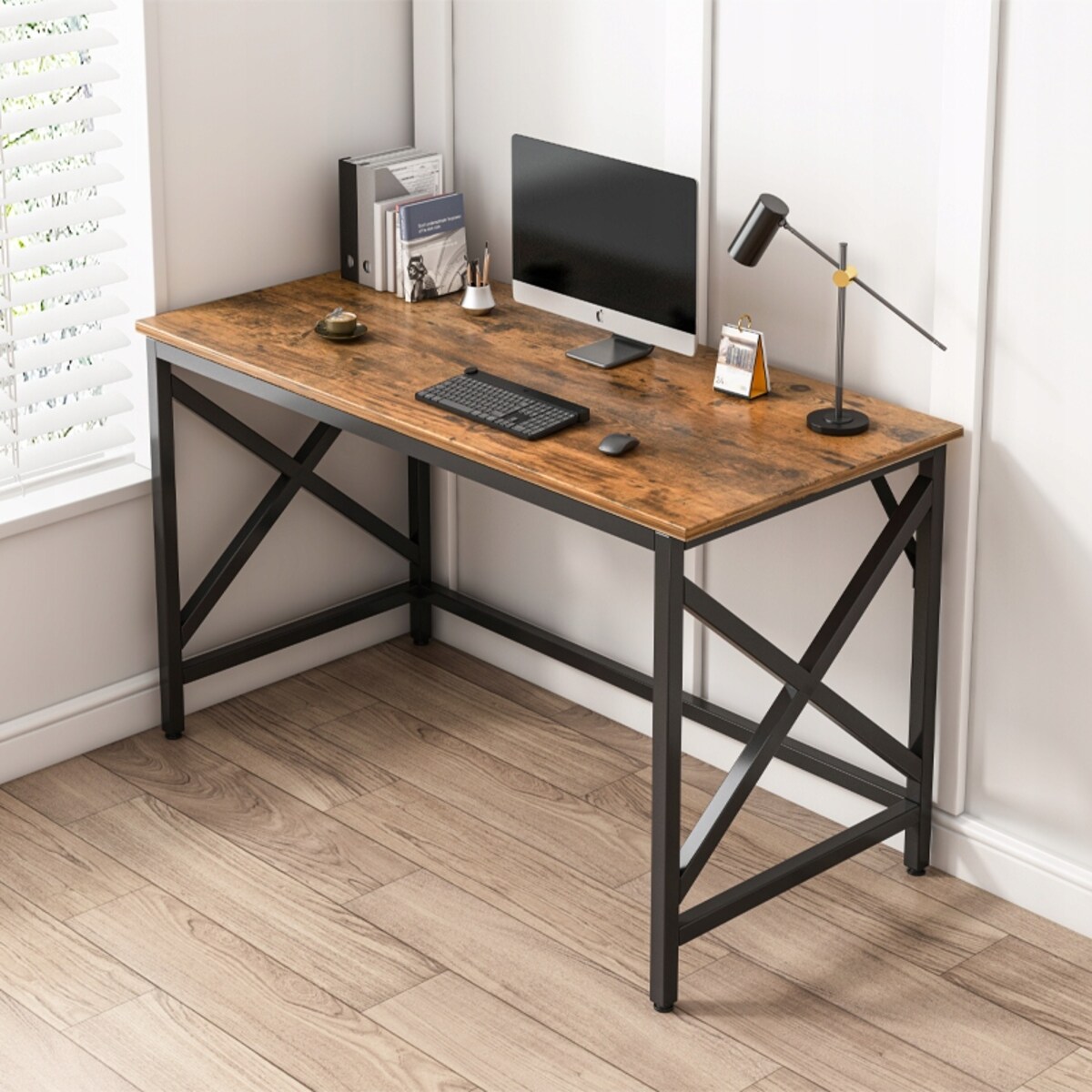 Biurko Komputerowe Industrialne Stolik Rustykalny Brąz Loft Metalowe Retro