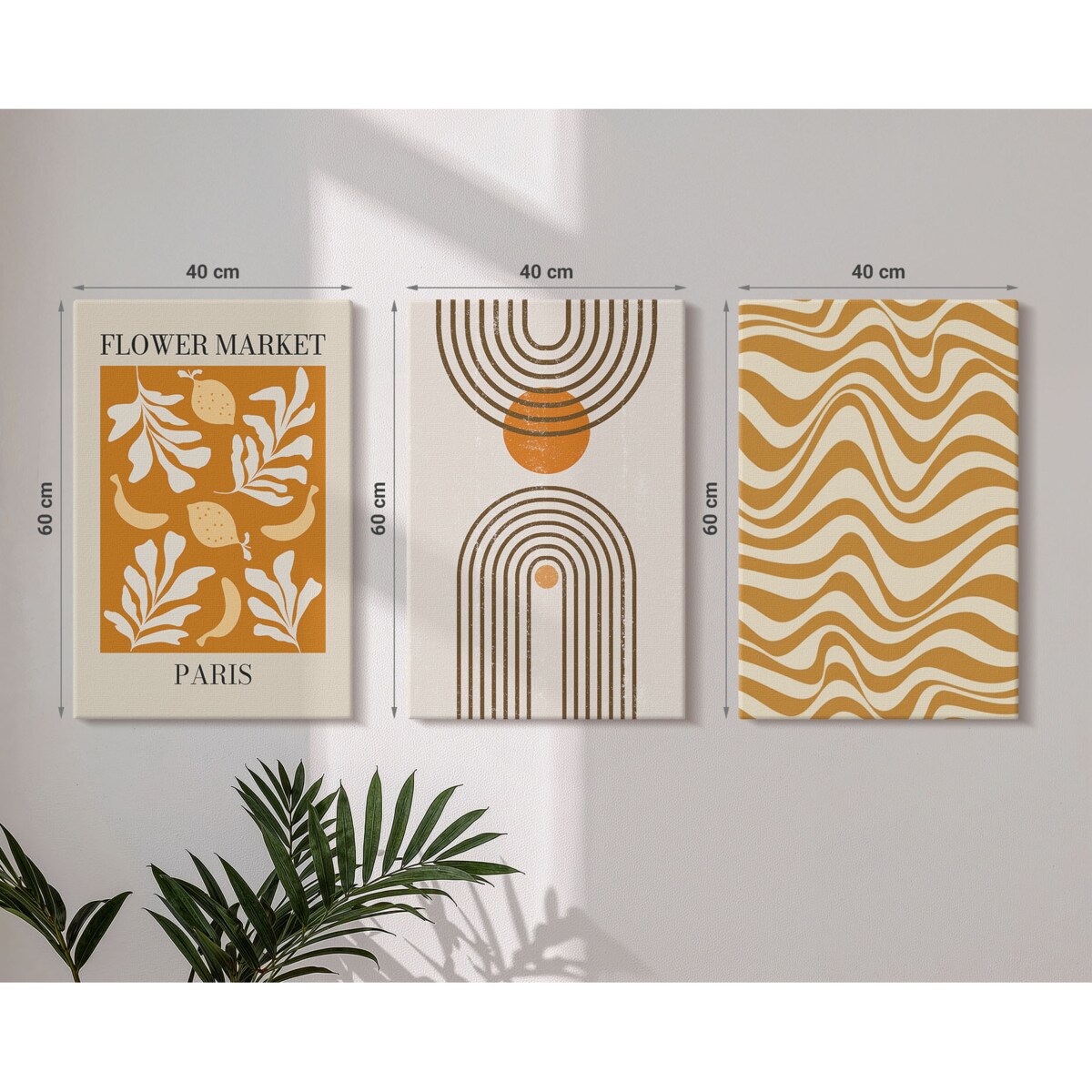 Zestaw 3 dużych obrazów na płótnie - Wzory roślinne geometryczne postery - pomarańczowy