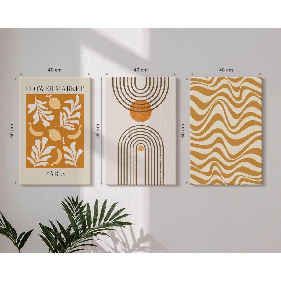 Zestaw 3 dużych obrazów na płótnie - Wzory roślinne geometryczne postery - pomarańczowy
