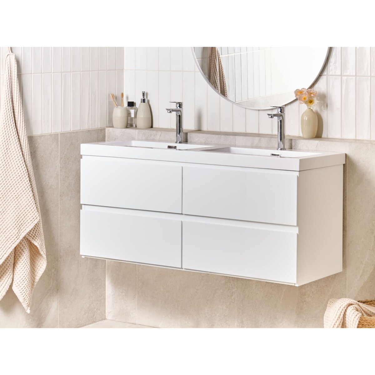 Szafka łazienkowa wisząca z podwójną umywalką CARDIEL 120 cm 52 cm Biały