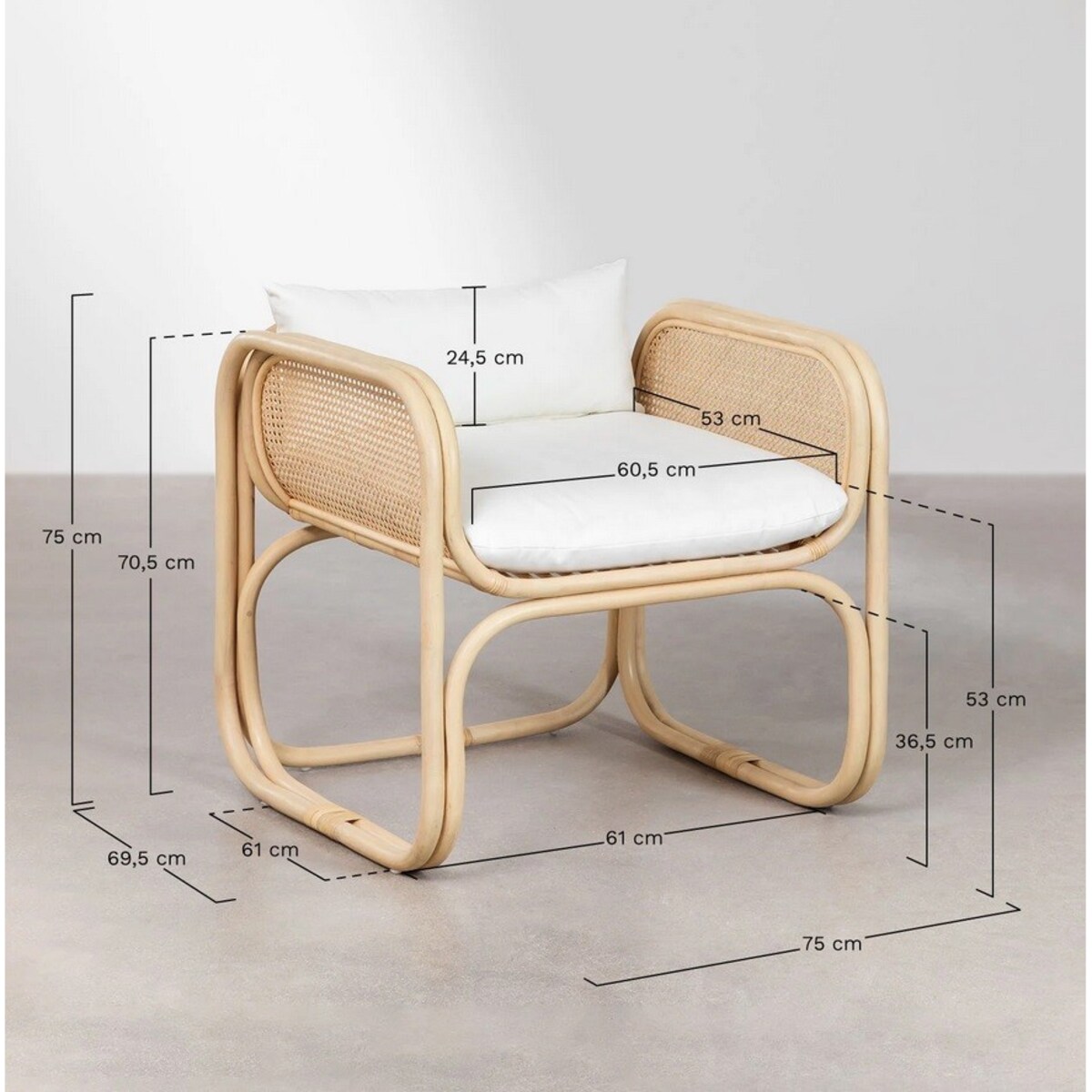 Fotel rattanowy z plecionką wiedeńską i poduchami