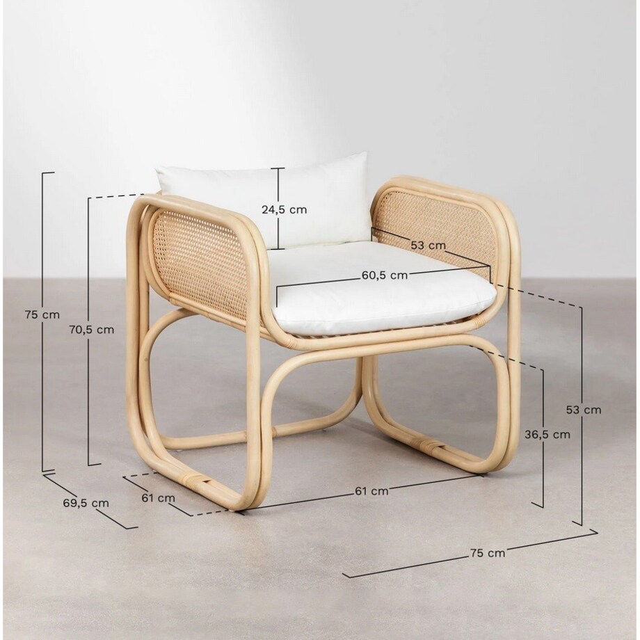 Fotel rattanowy z plecionką wiedeńską i poduchami