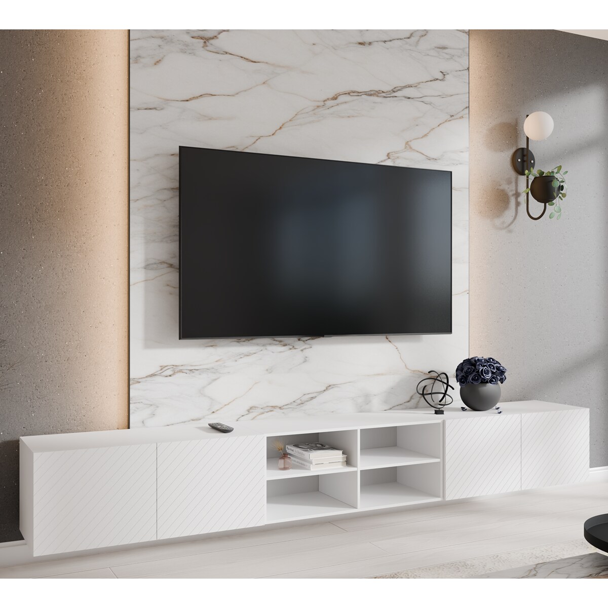 Szafka RTV NIKOL 300 cm pod telewizor, frezowane fronty, z półkami- biała
