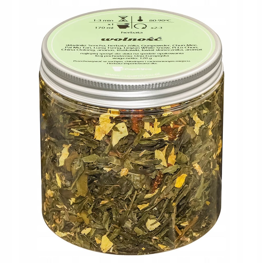 Herbata zielona sypana WOLNOŚĆ o smaku truskawek z nutą ananasu PREMIUM - herbata liściasta sypana mieszanka napar susz - gotowa na prezent upominek