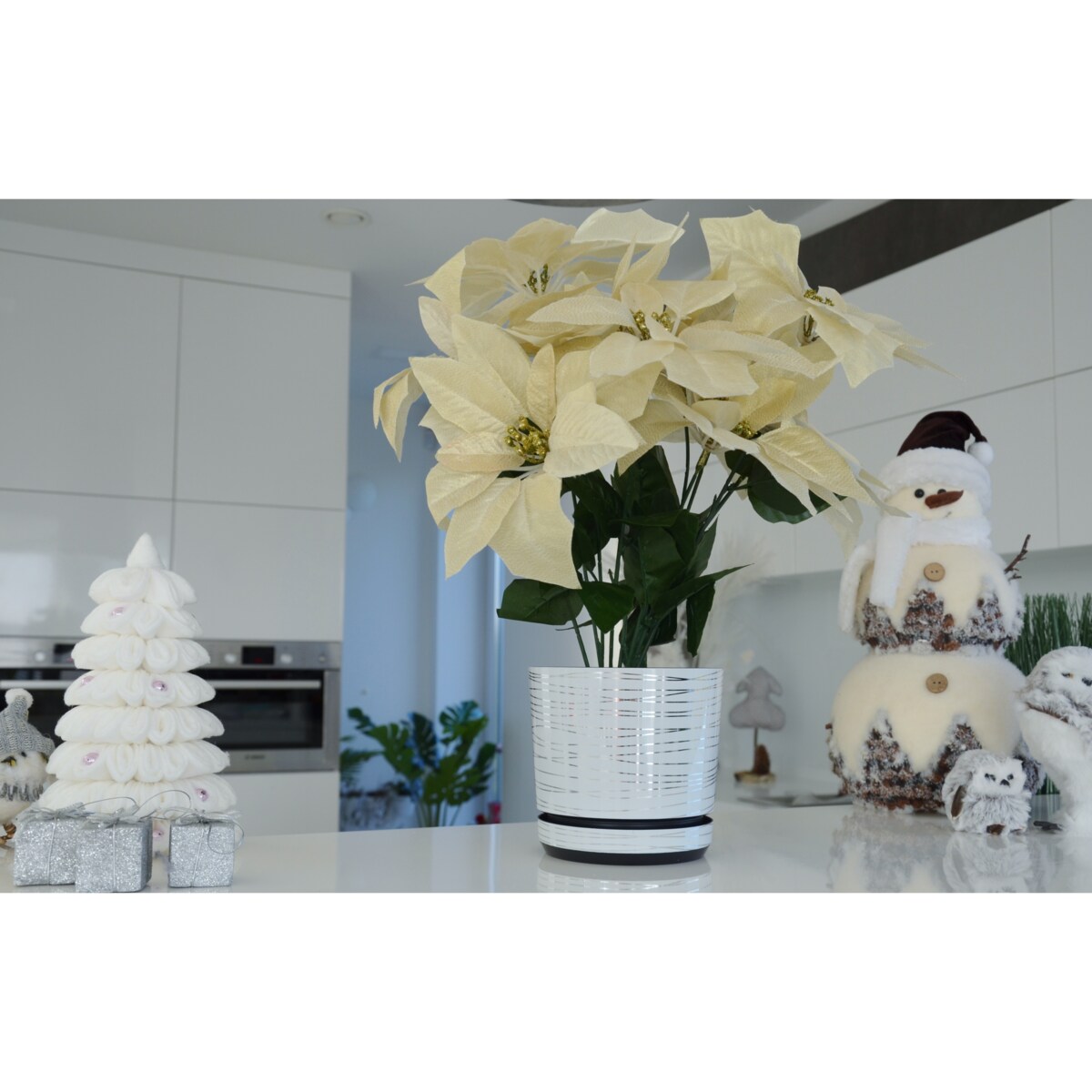 21 cm wzór BIAŁA ZE SREBRNĄ NITKĄ Doniczka z podstawką glamour lustrzane srebrne paski połysk