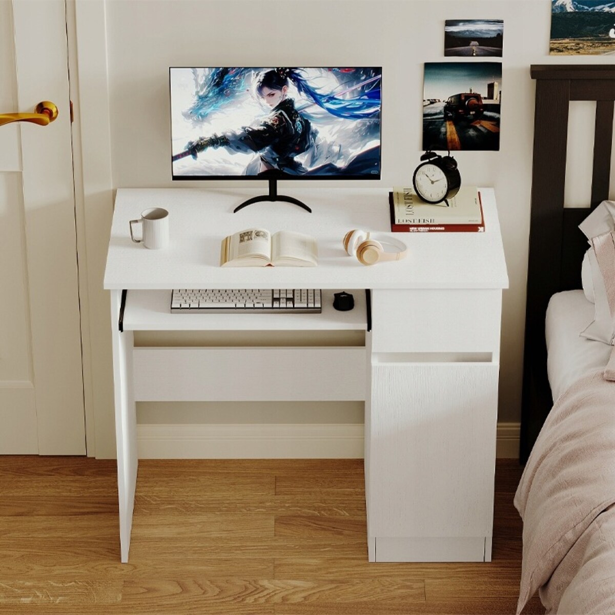 Biurko komputerowe stolik białe młodzieżowe nowoczesne z szuflada półka