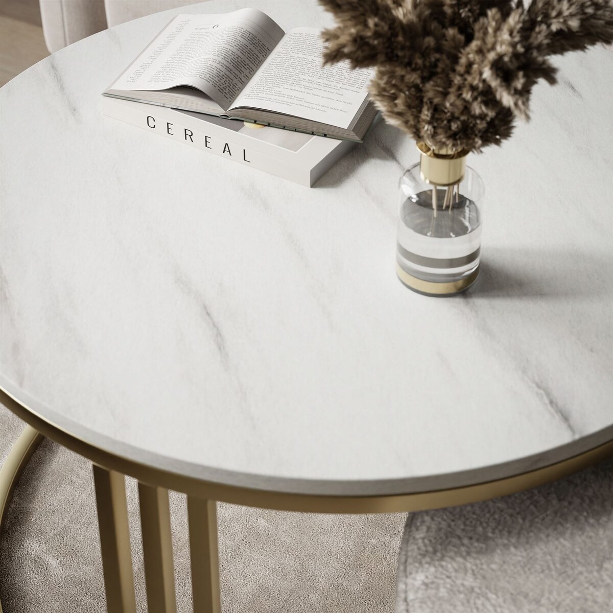 Stolik kawowy z pufą LORI MAT złoto szczotkowane, Marmur Levanto / Perfect Harmony 82