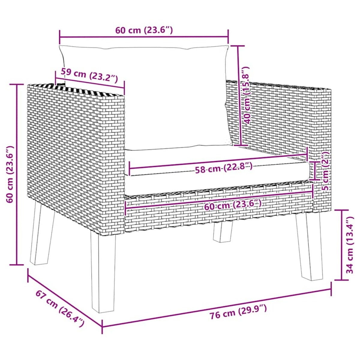 vidaXL Pojedyncza sofa ogrodowa z poduszkami, rattan PE, czarny