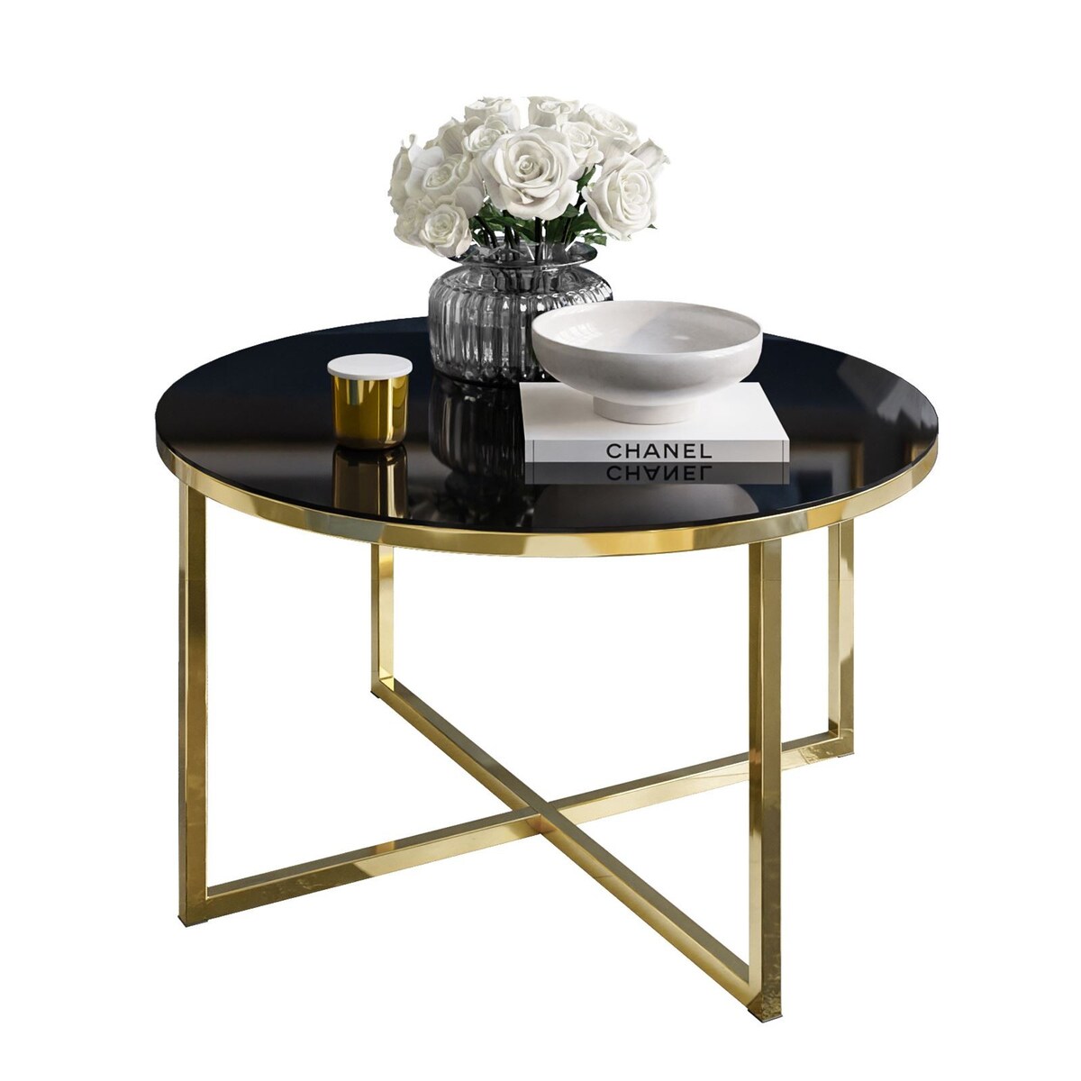Okrągły stolik kawowy CIRI-X złoty chrom czarne szkło
