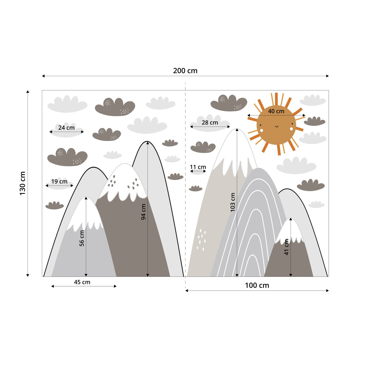 NAKLEJKI NA ŚCIANĘ DLA DZIECI BRĄZOWE GÓRY STYL SKANDYNAWSKI ZESTAW