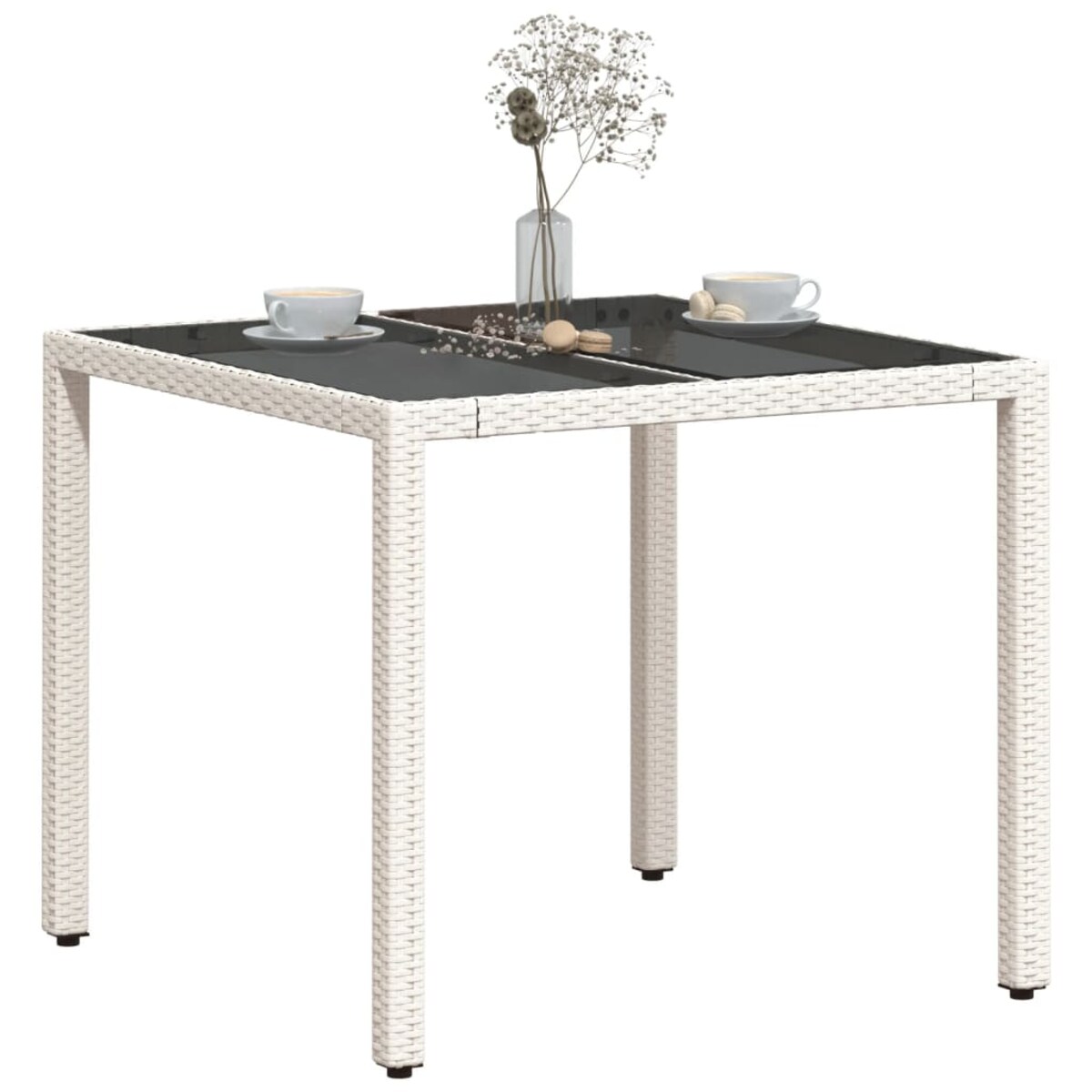 vidaXL Stół ogrodowy ze szklanym blatem, biały 90x90x75 cm, polirattan