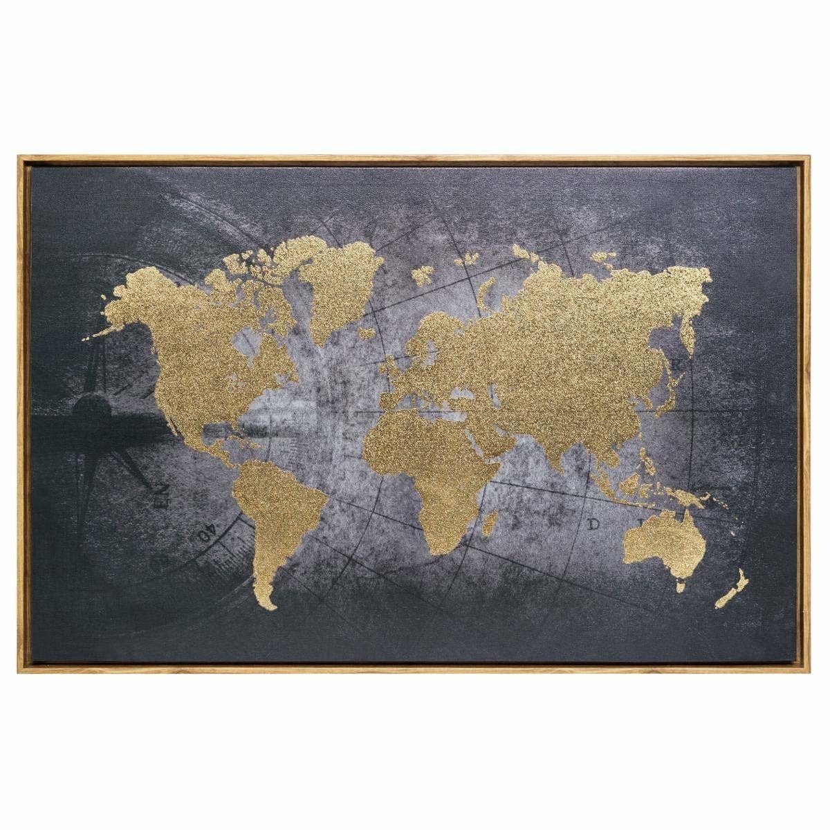 Mapa świata ścienna, dekoracja wisząca na ścianę w ramce, 58 x 88 cm, kolor złoty, płótno