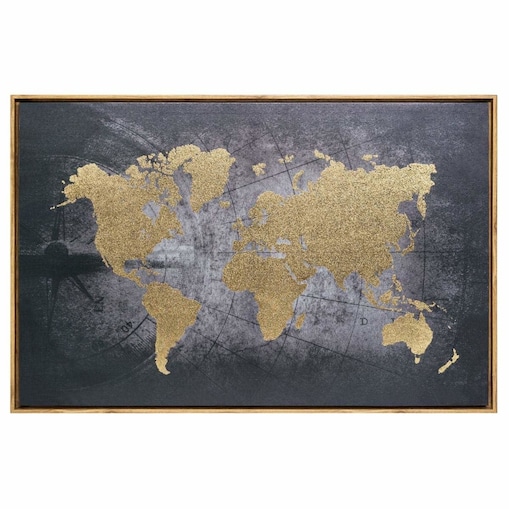 Mapa świata ścienna, dekoracja wisząca na ścianę w ramce, 58 x 88 cm, kolor złoty, płótno