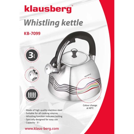 Czajnik stalowy z gwizdkiem 3.0L zmieniający kolor indukcja KLAUSBERG
