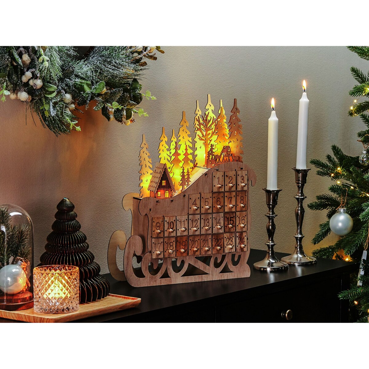 Figurka dekoracyjna LED sanie kalendarz adwentowy jasne drewno IMPALA