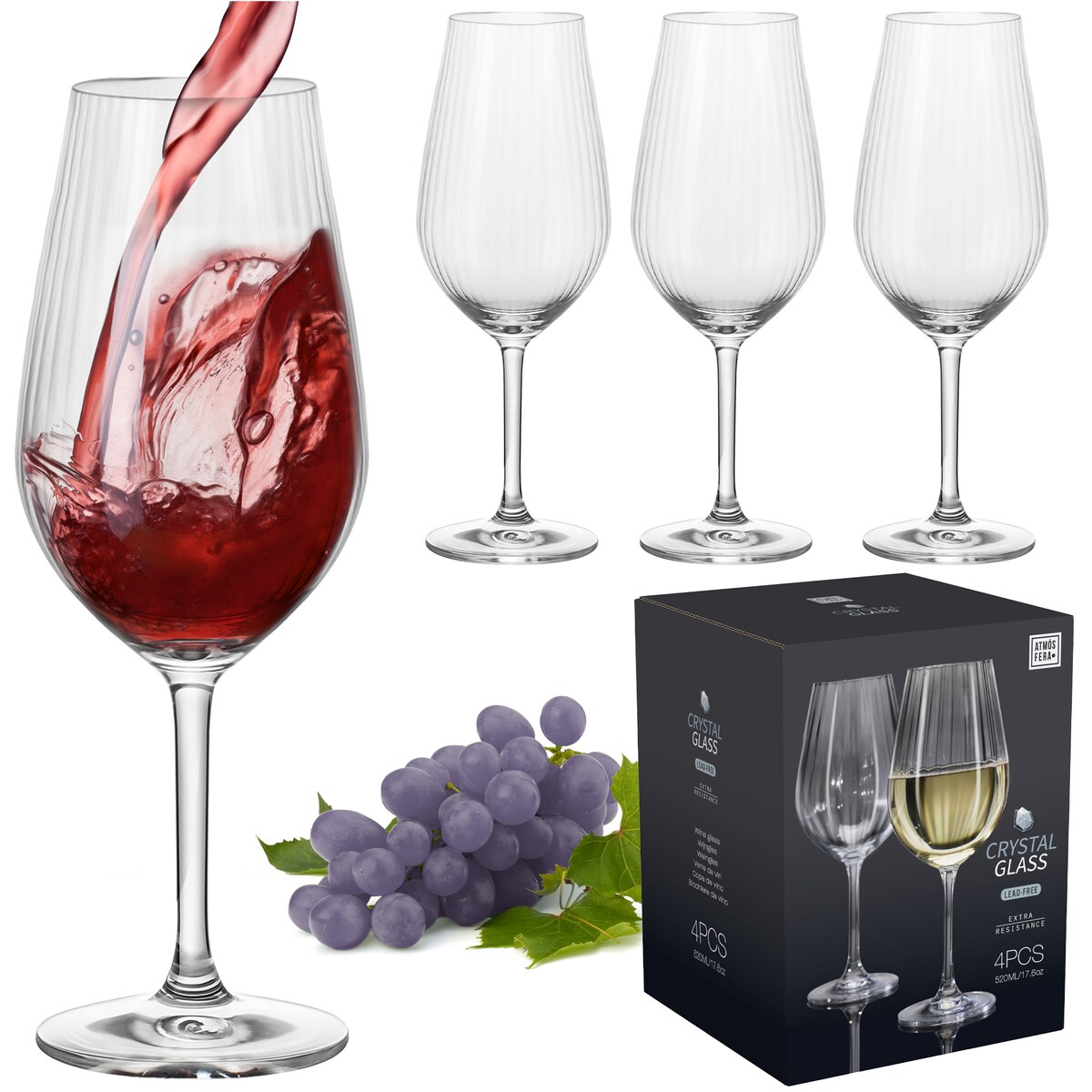 4X Kieliszki Kryształowe Do Wina Szampana Szklanki Eleganckie Szklane 520 Ml Zestaw