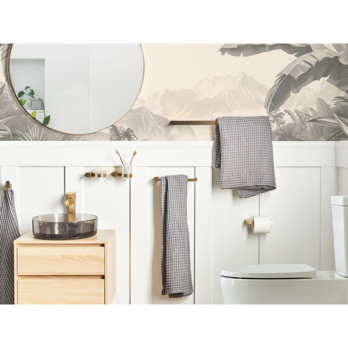 Zestaw akcesoriów toaletowych 6 elementów PARACAS Z uchwytami i haczykami na ręczniki Złoty