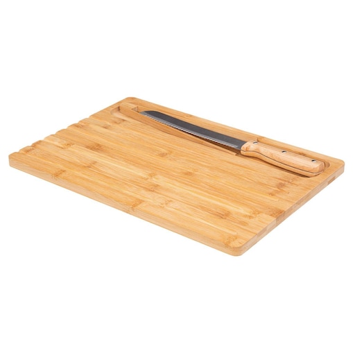 Zestaw śniadaniowy: bambusowa deska do krojenia chleba, nóż do chleba i szczypce