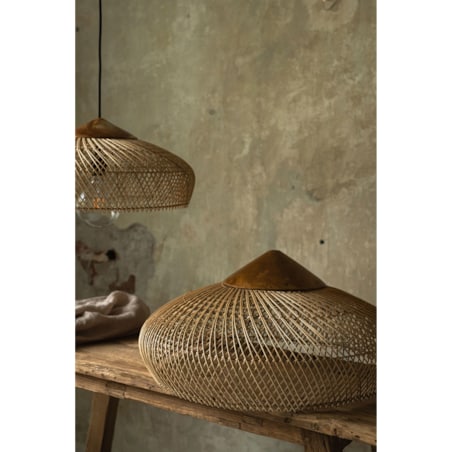 Rattanowa lampa z drewnem teakowym BONNET w rozmiarze M - naturalna