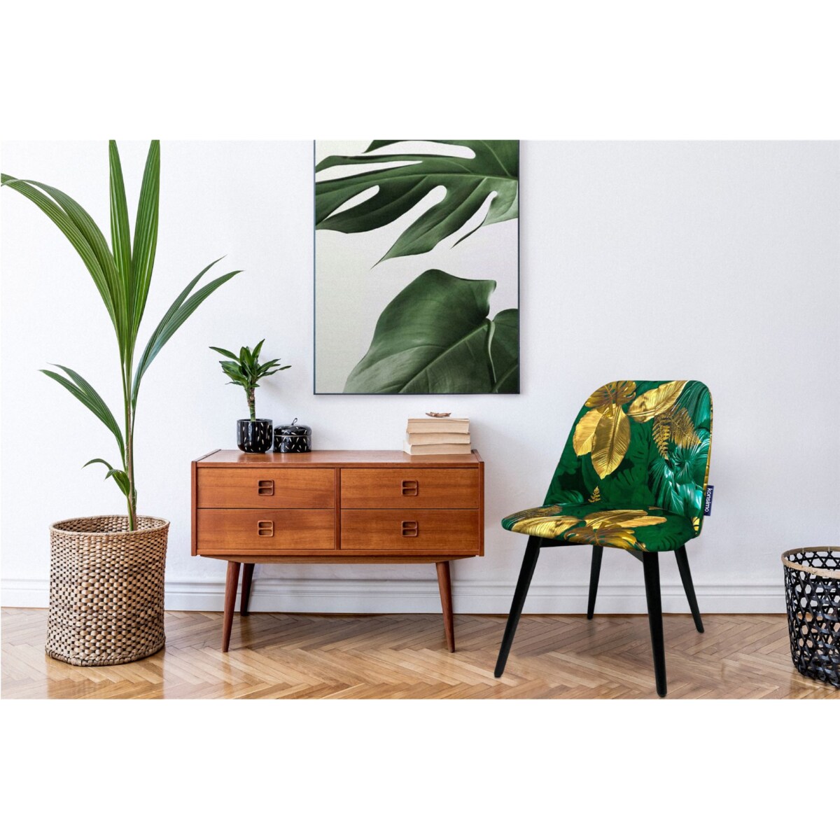 KONSIMO BAKERI Krzesła welurowe w kolorze zielonym ze złotymi kwiatami, 2 sztuki