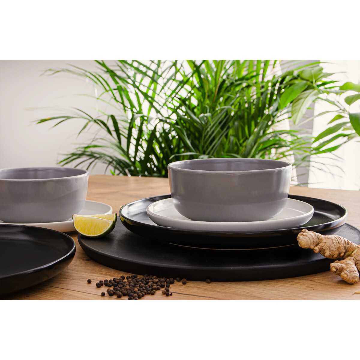 KONSIMO VICTO Zestaw obiadowy biały czarny szary 6-osobowy (18 elementów)