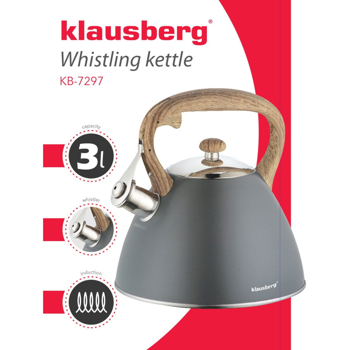 Czajnik stalowy z gwizdkiem lakierowany mat szary 3.0L KLAUSBERG