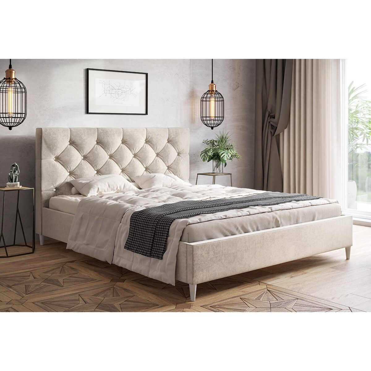 Łóżko tapicerowane 140x200 LUXO 6 na drewnianych nogach - jasny beżowy