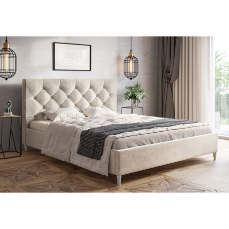Łóżko tapicerowane 140x200 LUXO 6 na drewnianych nogach - jasny beżowy