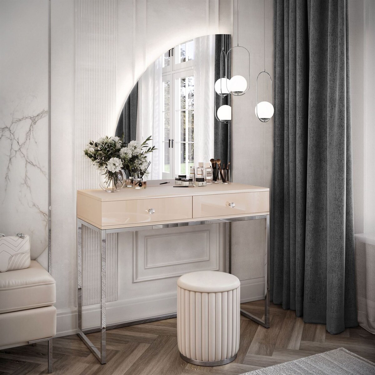 Toaletka kosmetyczna QUINNIE KASZMIR z lustrem LED chrom, lewa, uchwyt biały kryształ