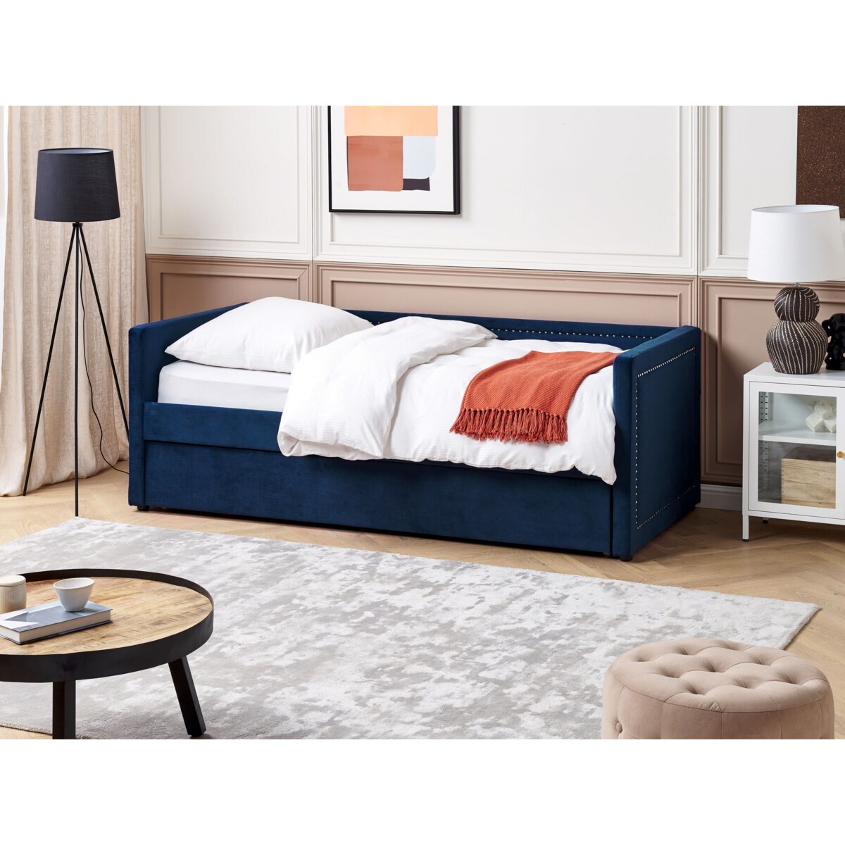 Łóżko wysuwane tapicerowane 90 x 200 cm niebieskie MIMIZAN