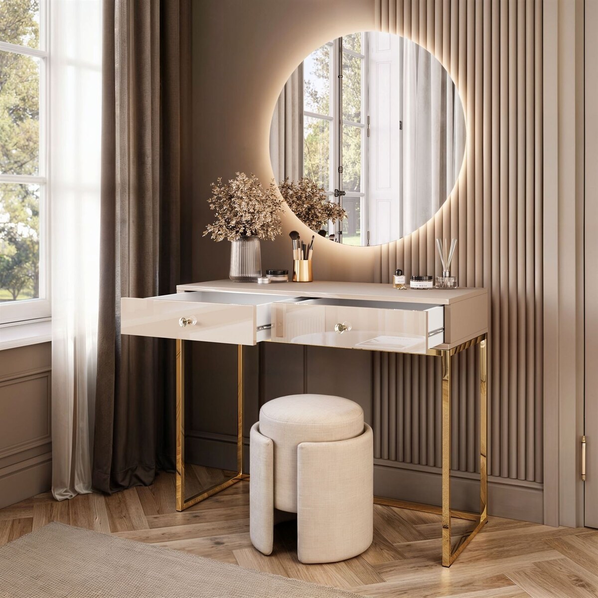 Toaletka BLANCO GLAMOUR KASZMIR na złotym chromowanym stelażu z lustrem LED, uchwyt biały kryształ