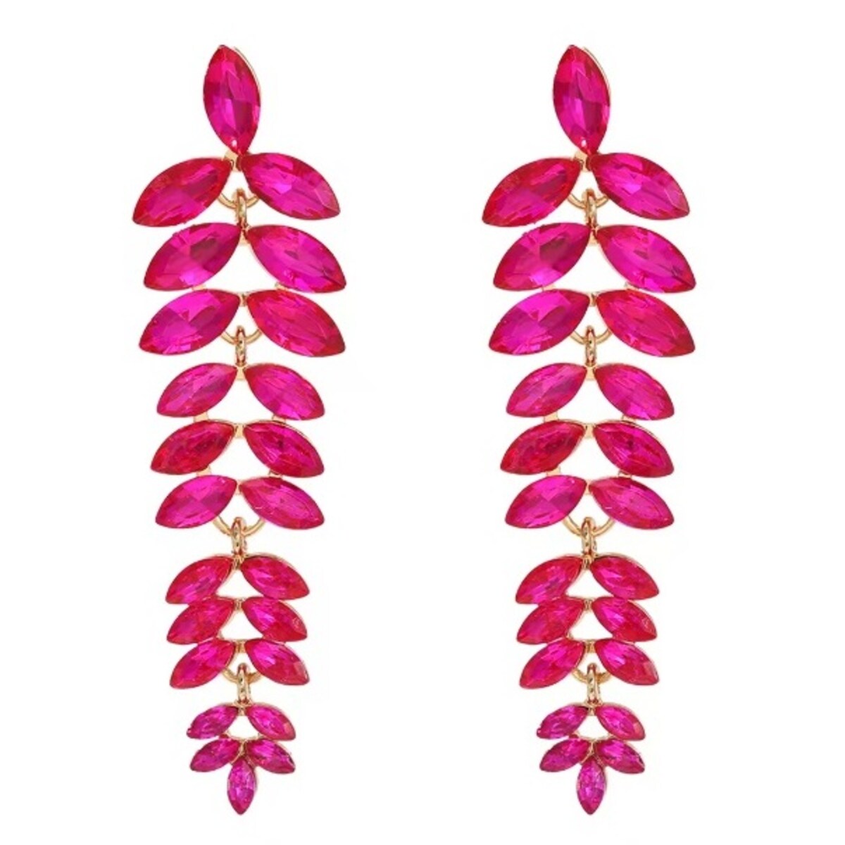 Kolczyki różowe listki długie z cyrkoniami w złotej oprawie