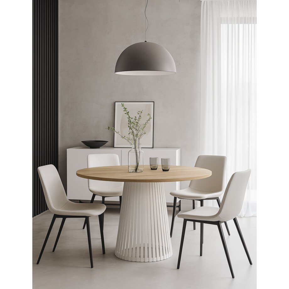 Stół VIV z lamelami do salonu, blat 100cm dąb hikora-podstawa kaszmirowa