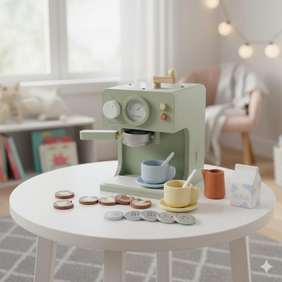 Drewniany Ekspres do Kawy MeCoffee dla dzieci – zestaw Baristy z akcesoriami