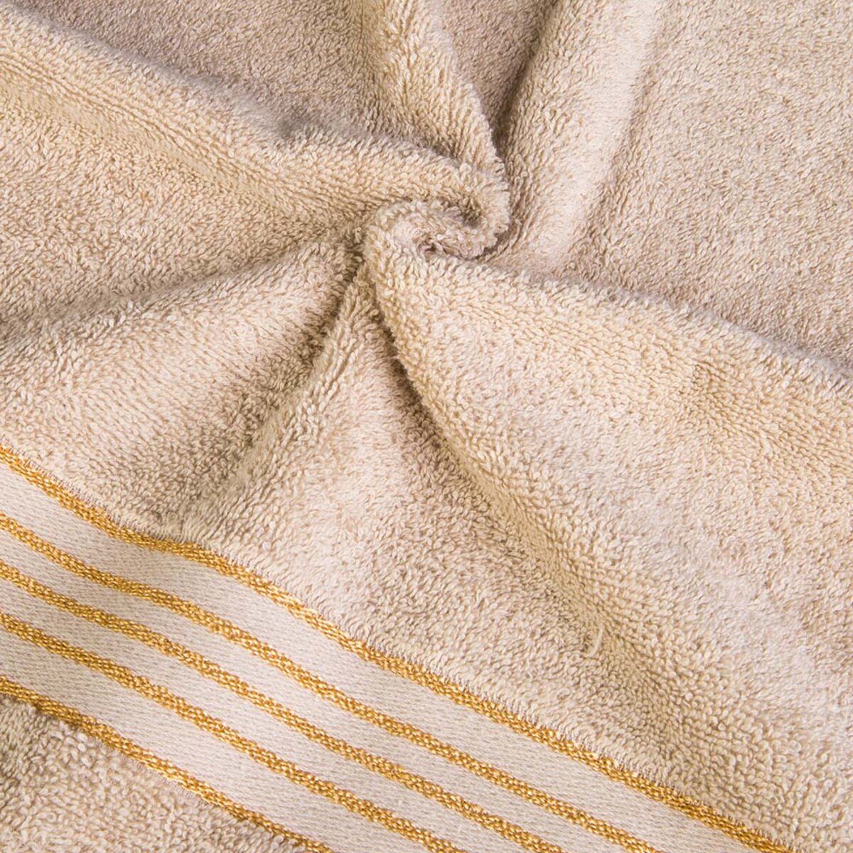 Ręcznik do rąk 30x50 cm bawełniany kolor beżowy z bordiurą w złote paski 500 g/m2 TIWANO