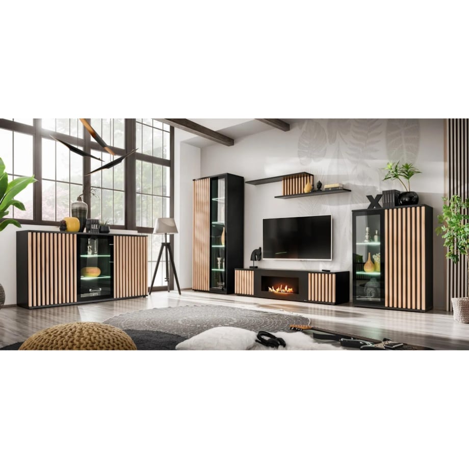 Szafka RTV CAMERON 160 hickory jackson/czarna z biokominkiem