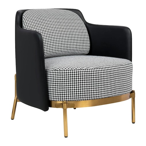 Fotel VENICE tkanina pepitka biało - czarna ekoskóra czarna - złota podstawa