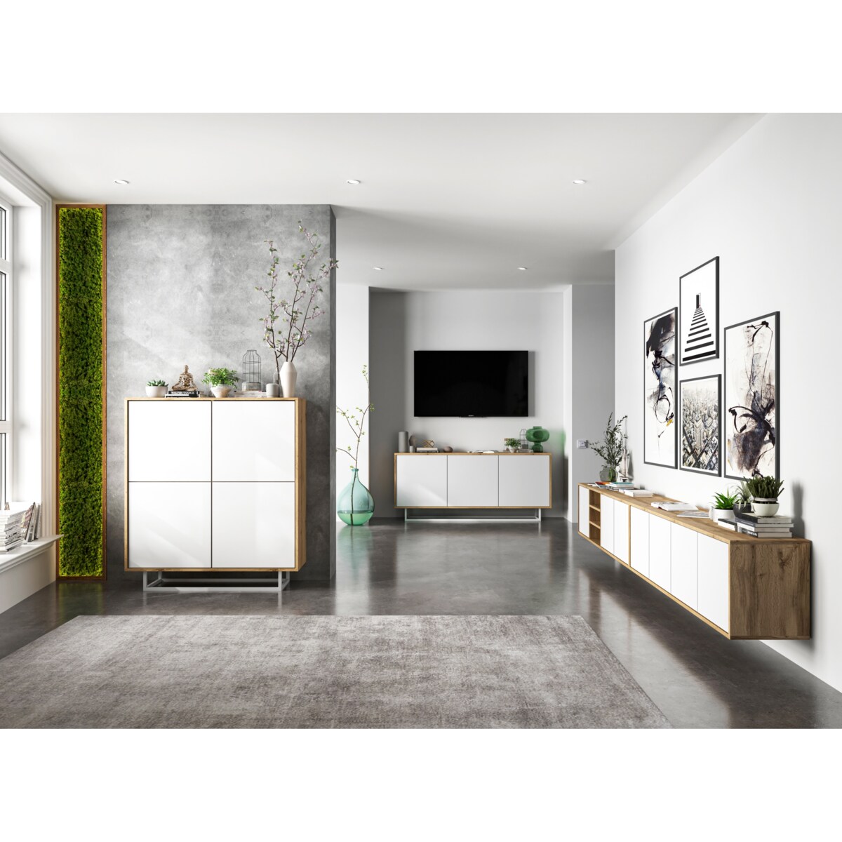 Wisząca Szafka RTV Loft Komoda RTV Dąb Wotan Biały MAT 150 cm