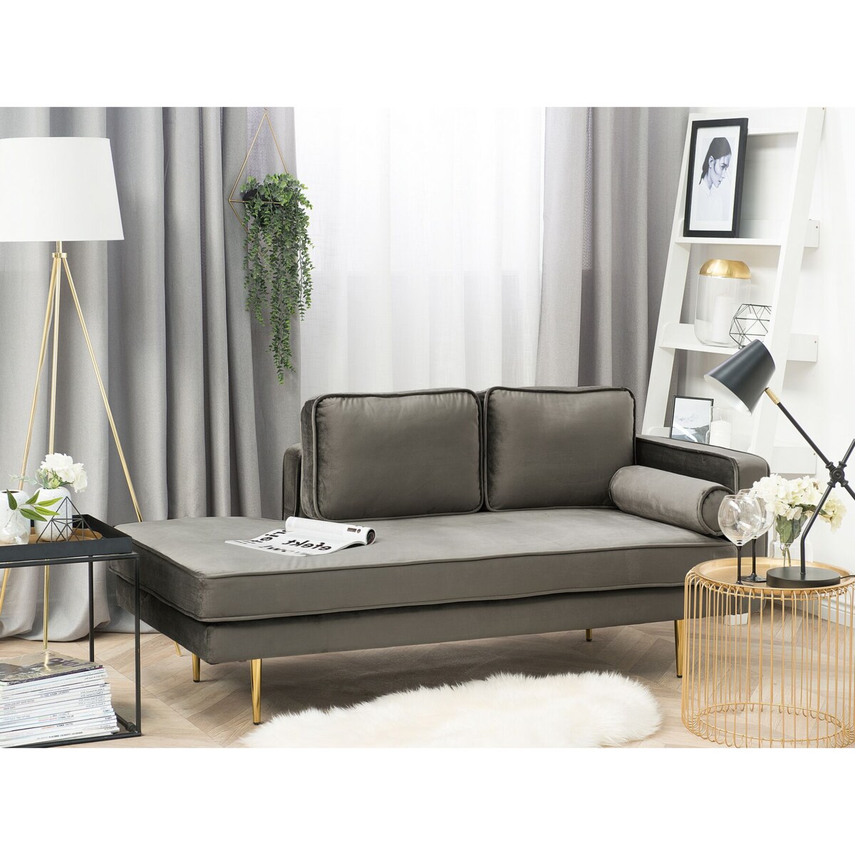 Szezlong welurowy prawostronny beżowoszary MIRAMAS