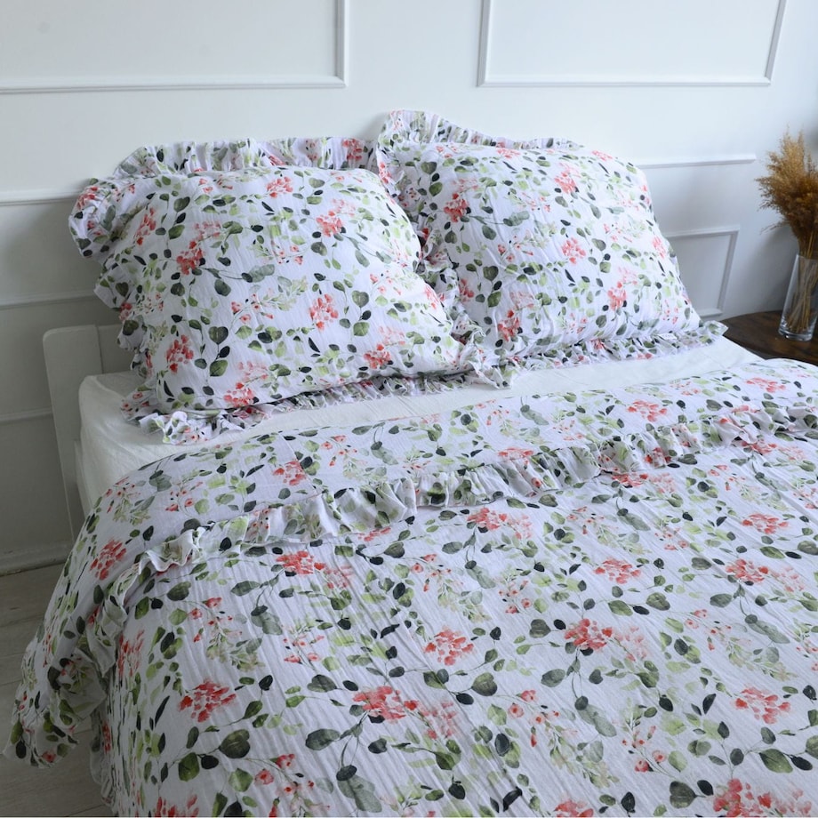 Pościel Muślinowa Z Falbanką Komplet Zestaw Do Sypialni Eukaliptusy Dziecięca 140X200 Cm + Poduszka 70X80 Cm