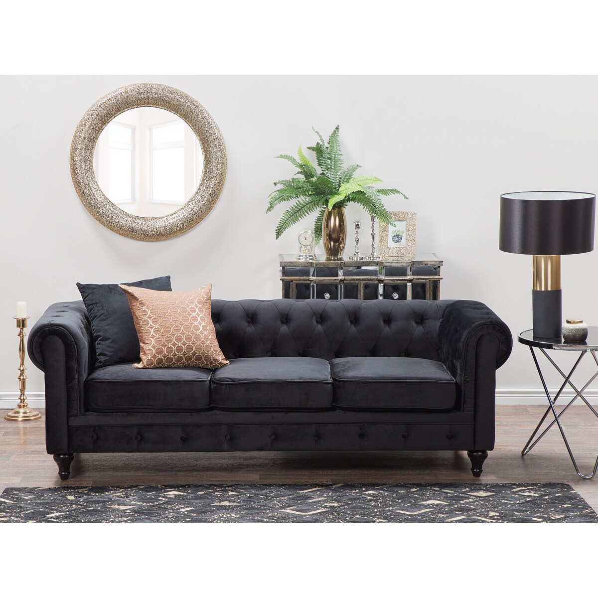 Sofa 3-osobowa welurowa czarna CHESTERFIELD