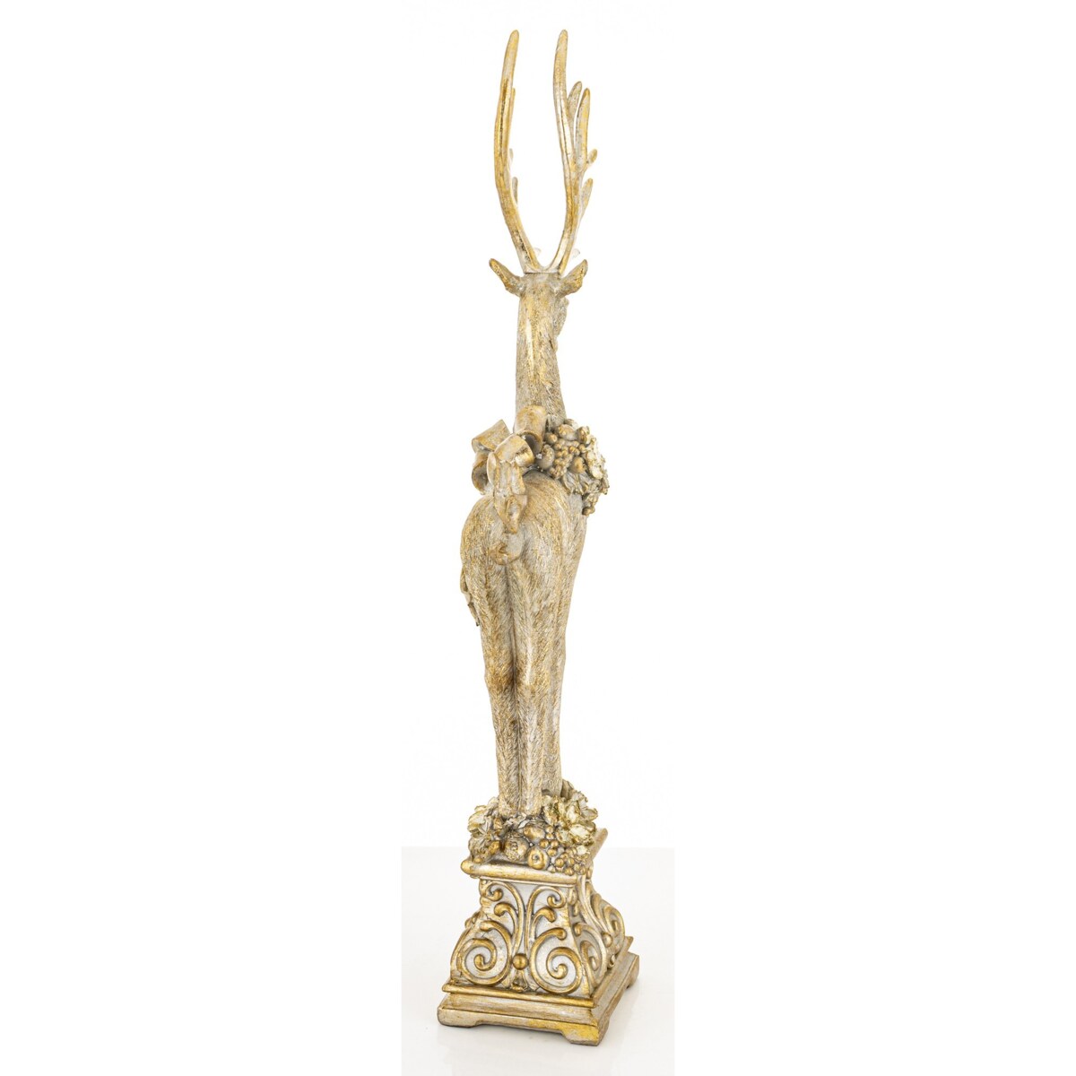 Figurka - złoty jeleń z wieńcem i kokardą 52,5x16x9 cm stojący na postumencie